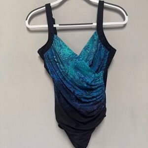 Miraclesuit Sanibel Blue Teal Paisley Draped One-Piece Swimsuit Size 14